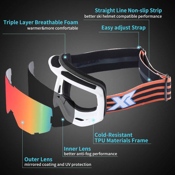 XR Ski Snowboard Goggles Anti-Fog UV Protection HD Cylinder Lens Over Glasses Non-Slip Strip Snow Goggles for Men&Women (Red)