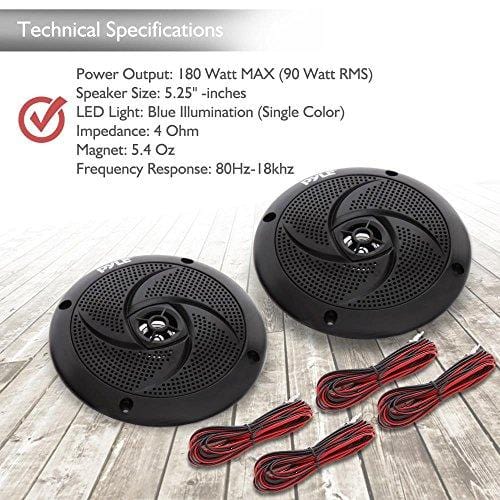 Pyle Marine Speakers - 5.25 Inch 2 Way Waterproof and Weather Resistant Outdoor Audio Stereo Sound System with LED Lights, 180 Watt Power and Low Profile Slim Style - 1 Pair - PLMRS53BL (Black)
