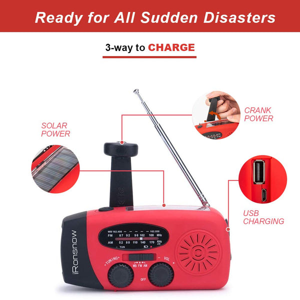 (Classic Creator) iRonsnow Solar Emergency NOAA Weather Radio Dynamo Hand Crank Self Powered AM FM WB Radios 3 LED Flashlight 1000mAh Smart Phone Charger Power Bank(Red)