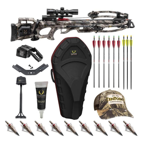 TenPoint Titan M1 370 FPS Crossbow with ProView 3 Scope and ACUdraw Cocking Kit with Hard Case, 12 Broadheads, 9 Arrows, Rail and Trigger Lubricant, and Cap (9 Items)