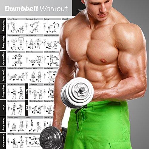 NewMe Fitness Dumbbell Workout Exercise Poster - Now Laminated - Strength Training Chart - Build Muscle, Tone & Tighten - Home Gym Weight Lifting Routine - Body Building Guide w/Free Weights