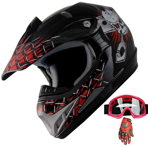 X4 ATV Motocross Dirt Bike Mountain Bike Helmet Off Road MX Helmet Combo With Goggles and Gloves M405 (180 Red/Black, XL)