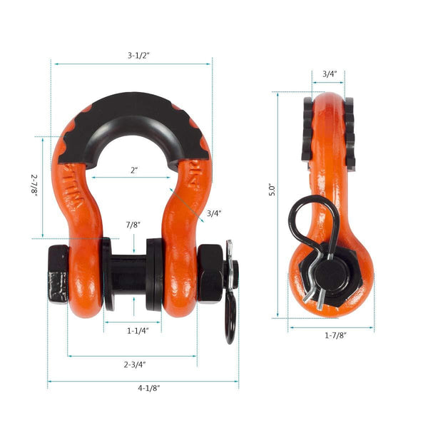 AMBULL Shackles 3/4 Inch D Ring Shackle (2 Pack) 41,850lb Break Strength with 7/8 Inch Pin, Isolator and Washer Kits for Use with Tow Strap, Winch, Off-Road Jeep Truck Vehicle Recovery, Orange