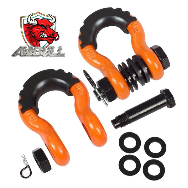 AMBULL Shackles 3/4 Inch D Ring Shackle (2 Pack) 41,850lb Break Strength with 7/8 Inch Pin, Isolator and Washer Kits for Use with Tow Strap, Winch, Off-Road Jeep Truck Vehicle Recovery, Orange