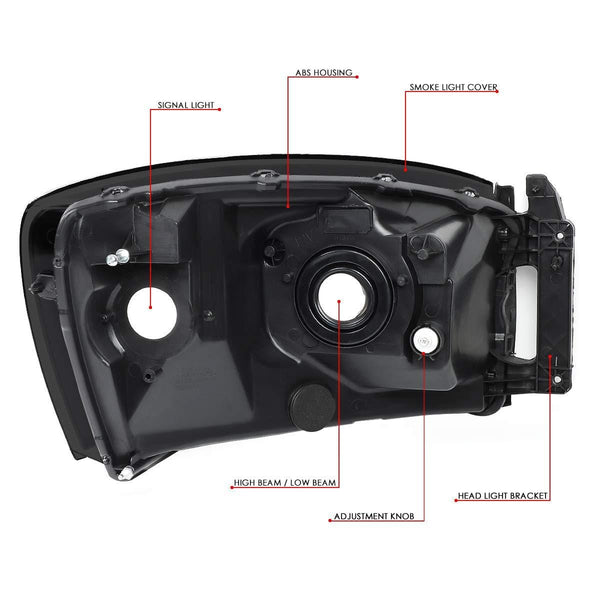 Pair Tinted Housing Clear Side Front Bumper Driving Headlight Lamps for 06-09 Dodge Ram Truck