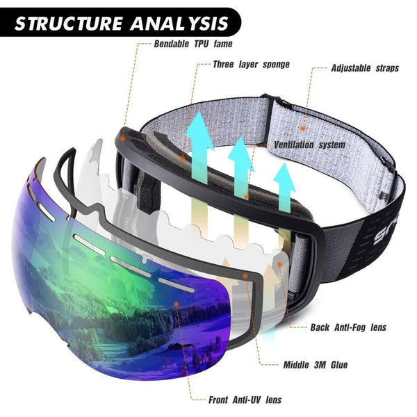 HUBO SPORTS Ski Snowboard Goggles for Men Women Adult, Over Glasses Snow Goggles of Dual Lens with Anti Fog & UV400 for Youth Teenage (FGreen)