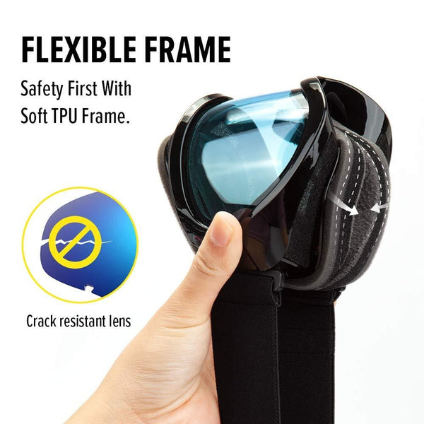 OutdoorMaster Kids Ski Goggles - Helmet Compatible Snow Goggles for Boys & Girls with 100% UV Protection (Black Frame + VLT 60% Light Blue Lens)