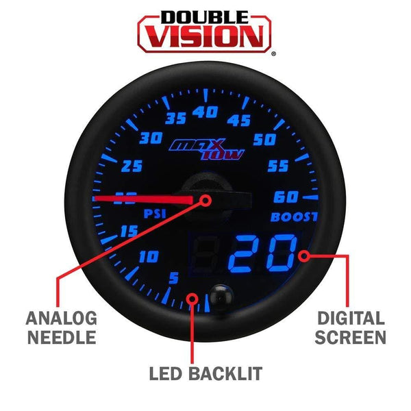 MaxTow Double Vision 1500 F Pyrometer Exhaust Gas Temperature EGT Gauge Kit - Includes Type K Probe - Black Gauge Face - Blue LED Dial - Analog & Digital Readouts - for Diesel Trucks - 2-1/16" 52mm