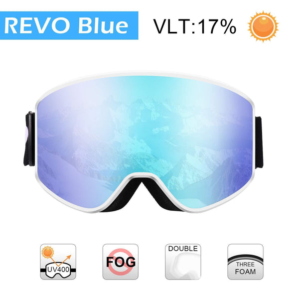 VELAZZIO OTG Ski Goggles, Snowboard Goggles - Double Layer Interchangeable Lens, UV Protection, Anti-Fog, Snow Goggles for Men & Women (White Frame/Grey Lens with REVO Blue Coating (VLT 17%))
