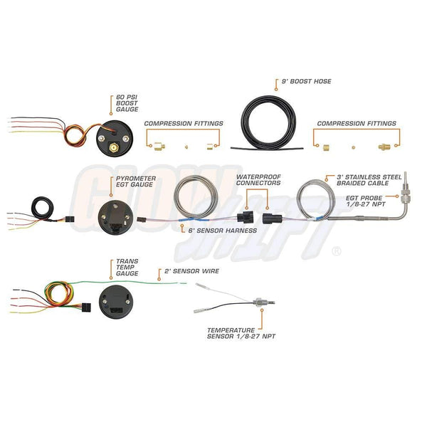 GlowShift White 7 Color Diesel Truck 3 Gauge Kit Set - 60 PSI Boost - 2400 F Pyrometer Exhaust Gas Temp EGT - Transmission Temperature - White Dial - Clear Lens - 2-1/16" 52mm