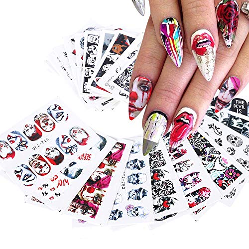 25 Sheets Halloween Nail Stickers - Water Transfer Nail Decals Grimace Skull Eye Spider Nail Art DIY Decals for Halloween Party