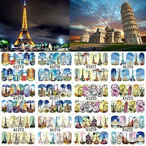 12 sets European cities french eiffel tower Pisa italy NAIL ART DECALS retro trippy psychedelic art water transfer DIY nail stickers POP ART tattoo nail wraps British pop culture nail vinyls NAIL KIT