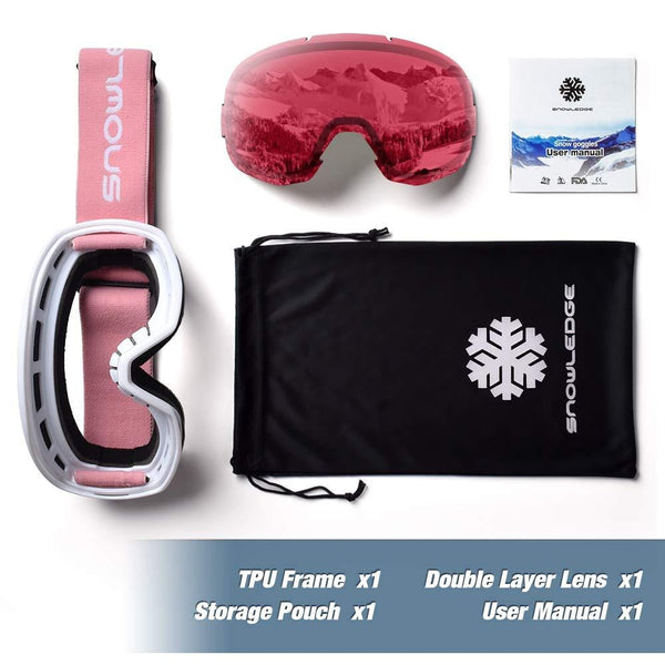 Snowledge Ski Snow Goggles for Men Women, OTG Snowboard Goggles with UV Protection, Anti-Fog Dual Lens Skiing Goggles for Skiing Snowboarding