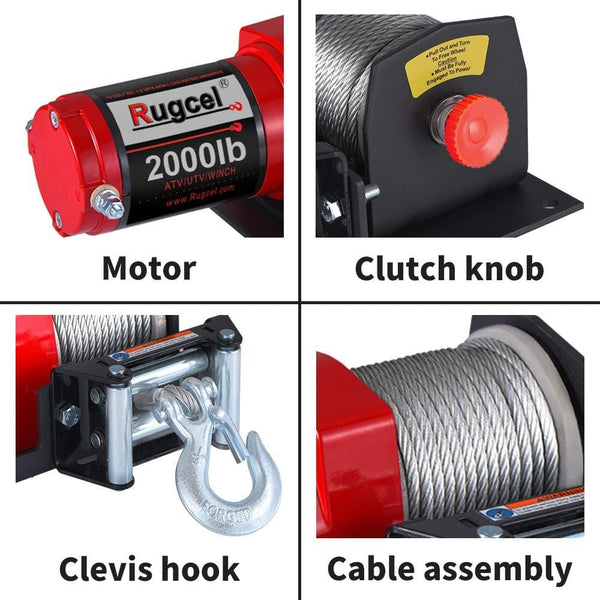 RUGCEL Electric 12V 2000lb/907kg Single Line Waterproof Winch