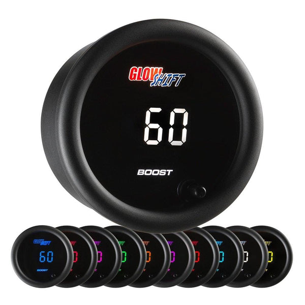 GlowShift 10 Color Digital 60 PSI Boost Gauge Kit - Includes Electronic Pressure Sensor - Multi-Color LED Display - Tinted Lens - for Diesel Trucks - 2-1/16" (52mm)