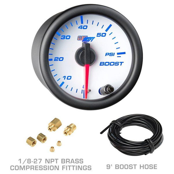GlowShift White 7 Color Diesel Truck 3 Gauge Kit Set - 60 PSI Boost - 2400 F Pyrometer Exhaust Gas Temp EGT - Transmission Temperature - White Dial - Clear Lens - 2-1/16" 52mm