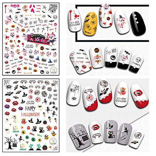 Halloween Nail Stickers Decals DIY Nail Art Tips Accessories 8 Sheets Pumpkin Witch Spider Bat Ghost Eye Nail Art Stickers Self-adhesive Designs Fingernails Toenails Decorations for Halloween Party