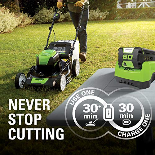 Greenworks GLM801601 21-Inch 80V Cordless Push Lawn Mower, includes two 2Ah Batteries and Charger