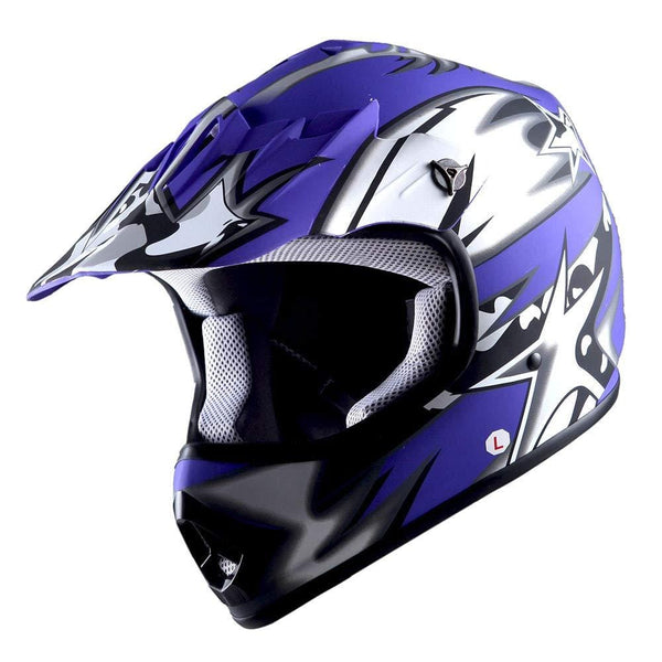 WOW Updated Youth Motocross Helmet Kids Motorcycle Bike Helmet Matt Star Blue + Goggles + Skeleton Blue Glove Bundle
