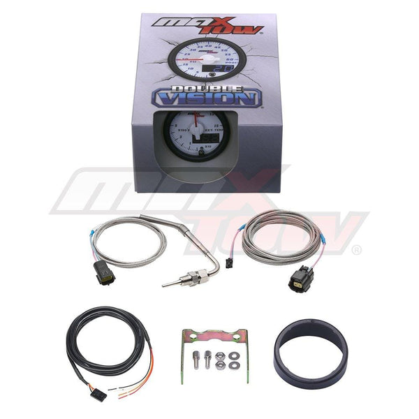 MaxTow Double Vision 1500 F Pyrometer Exhaust Gas Temperature EGT Gauge Kit - Includes Type K Probe - White Gauge Face - Blue LED Dial - Analog & Digital Readouts - for Diesel Trucks - 2-1/16" 52mm