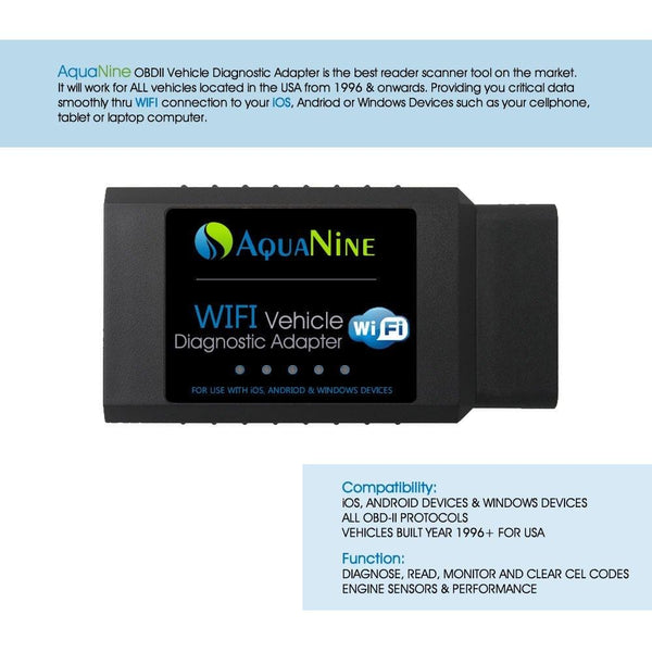 AquaNine OBD2 OBDII WiFi Car Diagnostic Scanner Code Reader Scan Tool for iOS, Android and Windows Devices - Read and Clear CEL Trouble Codes - Monitor Engine Performance with What The Pros Uses!