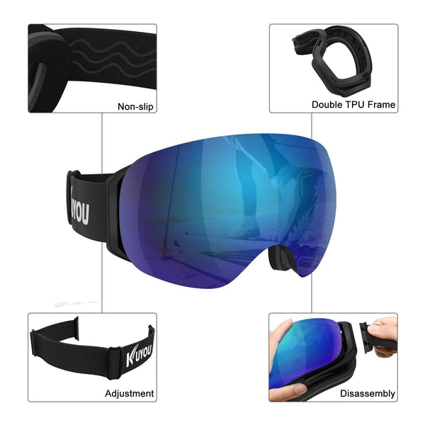 KUYOU Ski Goggles Men Women, Large Spherical Frameless Snow Goggles Interchangeable Lens OTG Double Lens Snowboard Goggles Anti-Fog Shatterproof 90°Bendable UV400 Protection