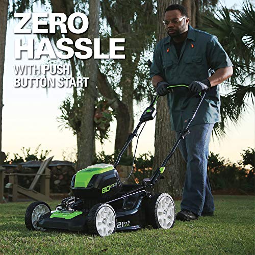 Greenworks GLM801601 21-Inch 80V Cordless Push Lawn Mower, includes two 2Ah Batteries and Charger