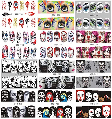 Halloween Nail Stickers Day of the Dead Water Transfer Nail Decals 25 Sheets Skull Ghost Eye Hulk Clown Witch Nail Art Stickers Halloween Party Supply Favors Nail Tips Charms Decoration