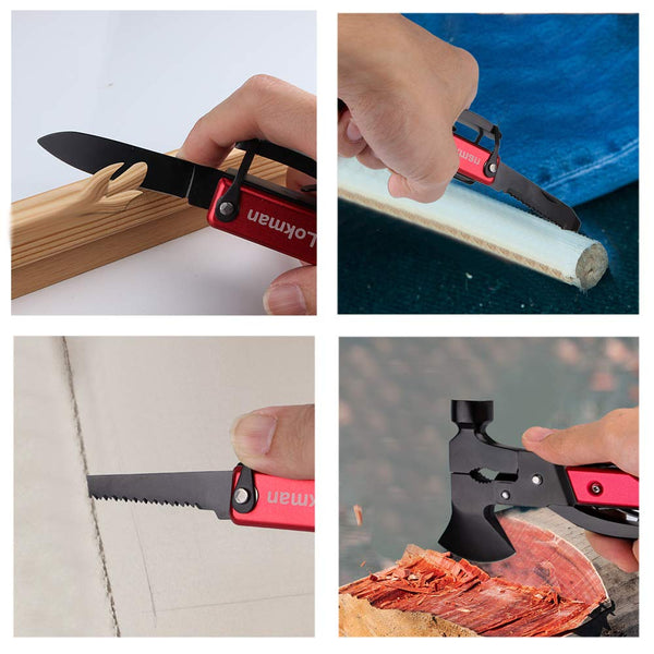 LOKMAN 14 in 1 Stainless Steel Multitool for Camping, Survival Kit, Outdoors, Car Emergency with Hammer, Axe, Knife, Plier, Screwdrivers,Wrench, Bottle Opener+ - Thanks Giving Gift for Father