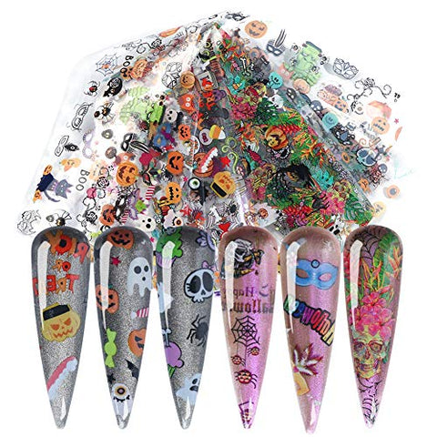 Halloween Nail Stickers Foil Transfer Design 10 Sheets Nail Art Foil Wraps Tattoo Paper Pumpkin Spider Skull Ghost Nail Decals for Women Manicure Tips Decoration Halloween Party Favors Supplies