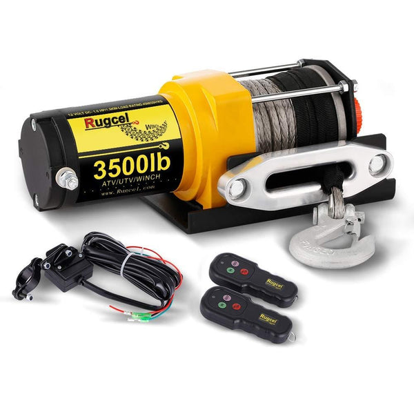 RUGCEL Winch Waterproof IP68 Winch with Hawse Fairlead, Synthetic Rope, 2 Wired Handle and 2 Wireless Remote (3500 lb.Load Capacity)