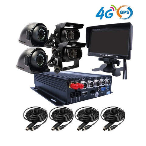 JOINLGO H.264 4CH GPS 4G 1080P AHD 2 SD Mobile Vehicle Car DVR MDVR Audio and Video Recorder Kit Realtime View on Phone and PC 7 inches VGA Monitor 4 Side Front Rear View Car Cameras for Truck Bus RV