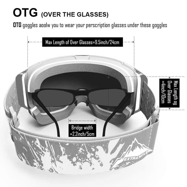 Extra Mile Ski Goggles, OTG Over Glasses Snow Sports Goggles Snowboard Snowmobile Skate Motorcycle Riding, Dustproof Scratch Resistant, Double Anti Fog UV400 Helmet Compatible Men Women Youth Unisex