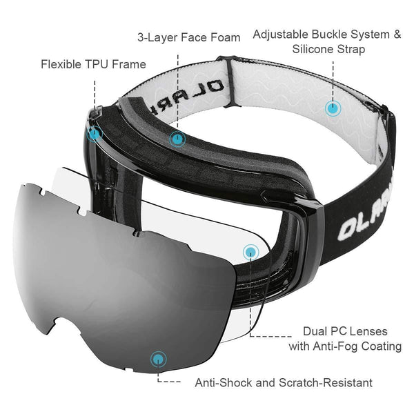 OlarHike Ski Snow Goggles for Men and Women, Anti-Fog Over Glasses Snowboard Goggles with UV Protection, Windproof Dual Lens Goggles for Skiing & Skating & Outdoor Sport, UV400