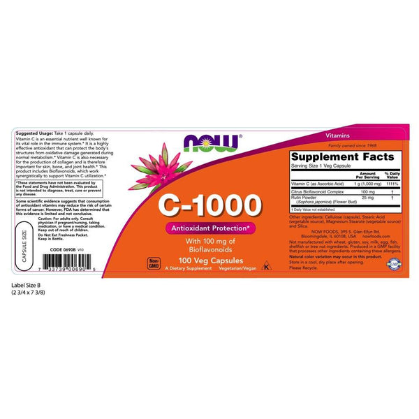 Now Supplements, Vitamin C-1,000 with 100 mg of Bioflavonoids, Antioxidant Protection*, 100 Veg Capsules