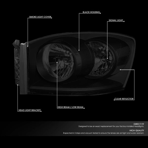 Pair Tinted Housing Clear Side Front Bumper Driving Headlight Lamps for 06-09 Dodge Ram Truck