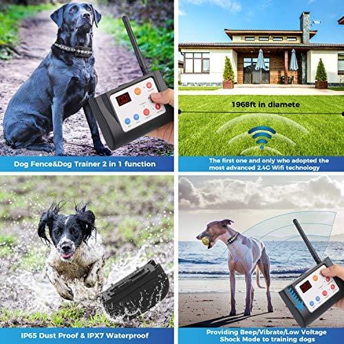 WIEZ Dog Fence Wireless & Training Collar Outdoor 2-in-1, Electirc Invisible Fence for Dogs with Remote Wireless, Adjustable Range Control, Waterproof Reflective Stripe Collar, Harmless for All Dogs