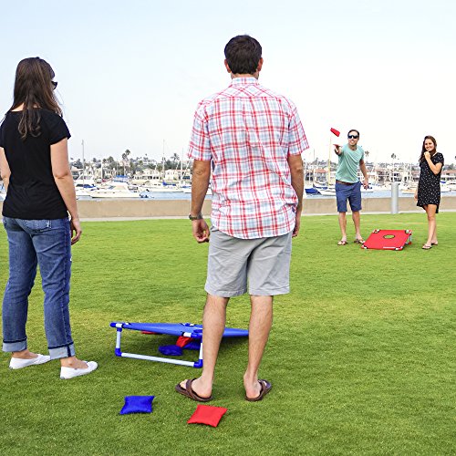 GoSports Portable PVC Framed Cornhole Toss Game Set with 8 Bean Bags and Travel Carrying Case - Choose American Flag Design, Red & Blue or Football