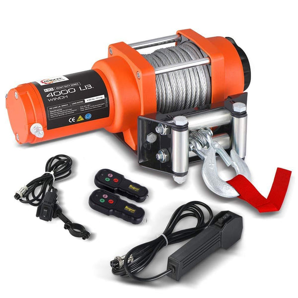 RUGCEL WINCH LT4000ATV 12 VDC Winch 4000lbs/1814kg, with Roller Fairlead, Mount Plate, 2 Wired Handle and 2 Wireless Remote
