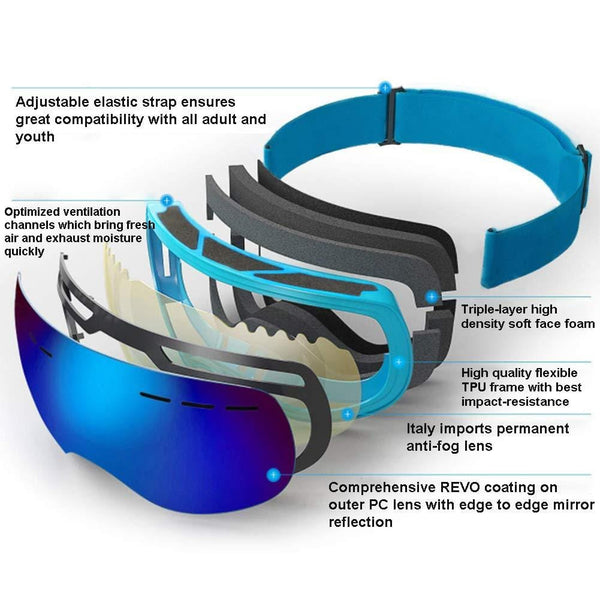 Scoteep Ski Goggles - OTG Snowboard Goggles - Snow Goggles with Anti-Fog UV Protection Double Lens for Men, Women & Youth