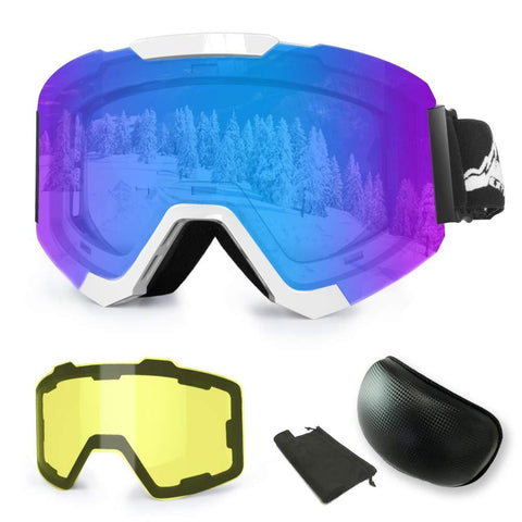 Ski Goggles, Anti-Fog UV Protection Winter Snow Sports Snowboard Goggles with Interchangeable Spherical Dual Lens for Men Women & Youth Snowmobile Skiing Skating