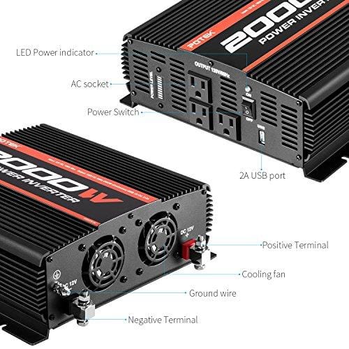 POTEK 2000W Power Inverter Three AC Outlets 12V DC to 110V AC Car Inverter with USB Port