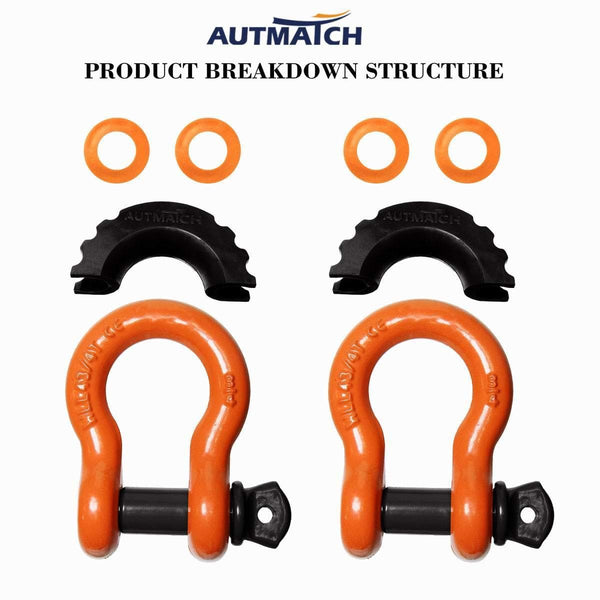 AUTMATCH Shackles 3/4" D Ring Shackle (2 Pack) 41,887Ib Break Strength with 7/8" Screw Pin and Shackle Isolator & Washers Kit for Tow Strap Winch Off Road Towing Jeep Vehicle Recovery Orange & Black