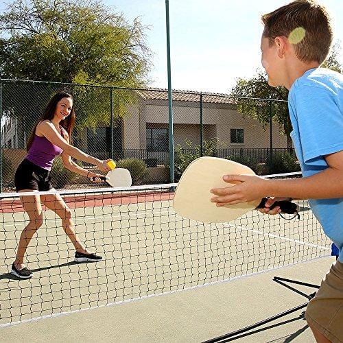 Driveway Games Portable Outdoor Pickleball Set. 2 Wood Racket Paddles, 2 Pickelballs, Bag and Net System Equipment
