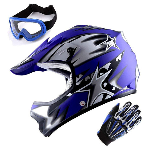 WOW Updated Youth Motocross Helmet Kids Motorcycle Bike Helmet Matt Star Blue + Goggles + Skeleton Blue Glove Bundle