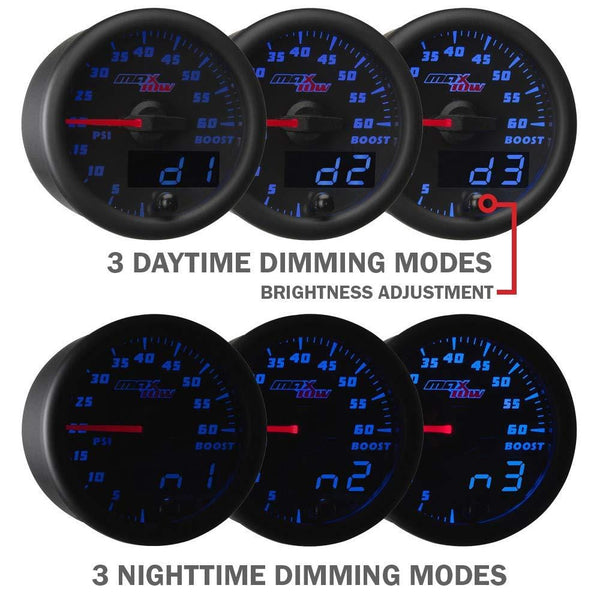 MaxTow Double Vision 1500 F Pyrometer Exhaust Gas Temperature EGT Gauge Kit - Includes Type K Probe - Black Gauge Face - Blue LED Dial - Analog & Digital Readouts - for Diesel Trucks - 2-1/16" 52mm