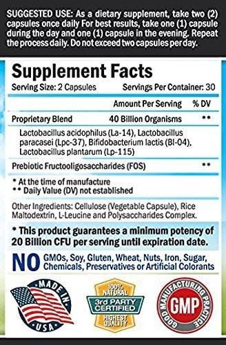Probiotic 40 Billion CFU. Guaranteed Potency until Expiration - Patented Delay Release, Shelf Stable - Lactobacillus Acidophilus - Gluten Dairy Free for Women Men - No Refrigeration - Digestive Health