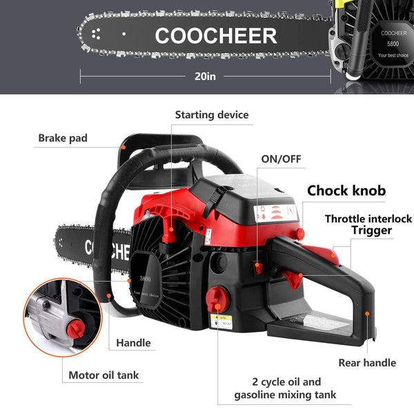 Yiilove 20" 58CC Gas Powered Chainsaw 2 Stroke Handed Petrol Gasoline Chain Saw for Cutting Wood with Tool Kit (Red)