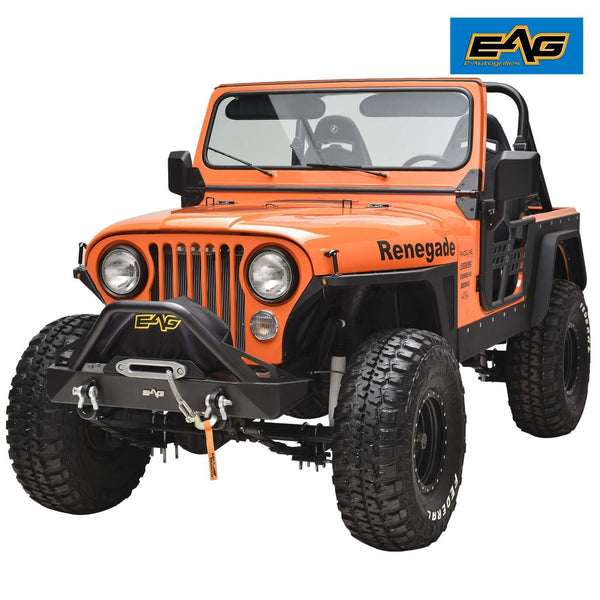EAG Stubby Front Bumper with Winch Plate and D-Rings Black Textured Fit for 76-86 Jeep Wrangler CJ