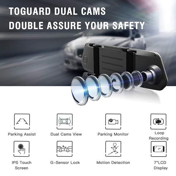 TOGUARD Backup Camera 7" Mirror Dash Cam Touch Screen 1080P Rearview Front and Rear Dual Lens with Waterproof Reversing Camera